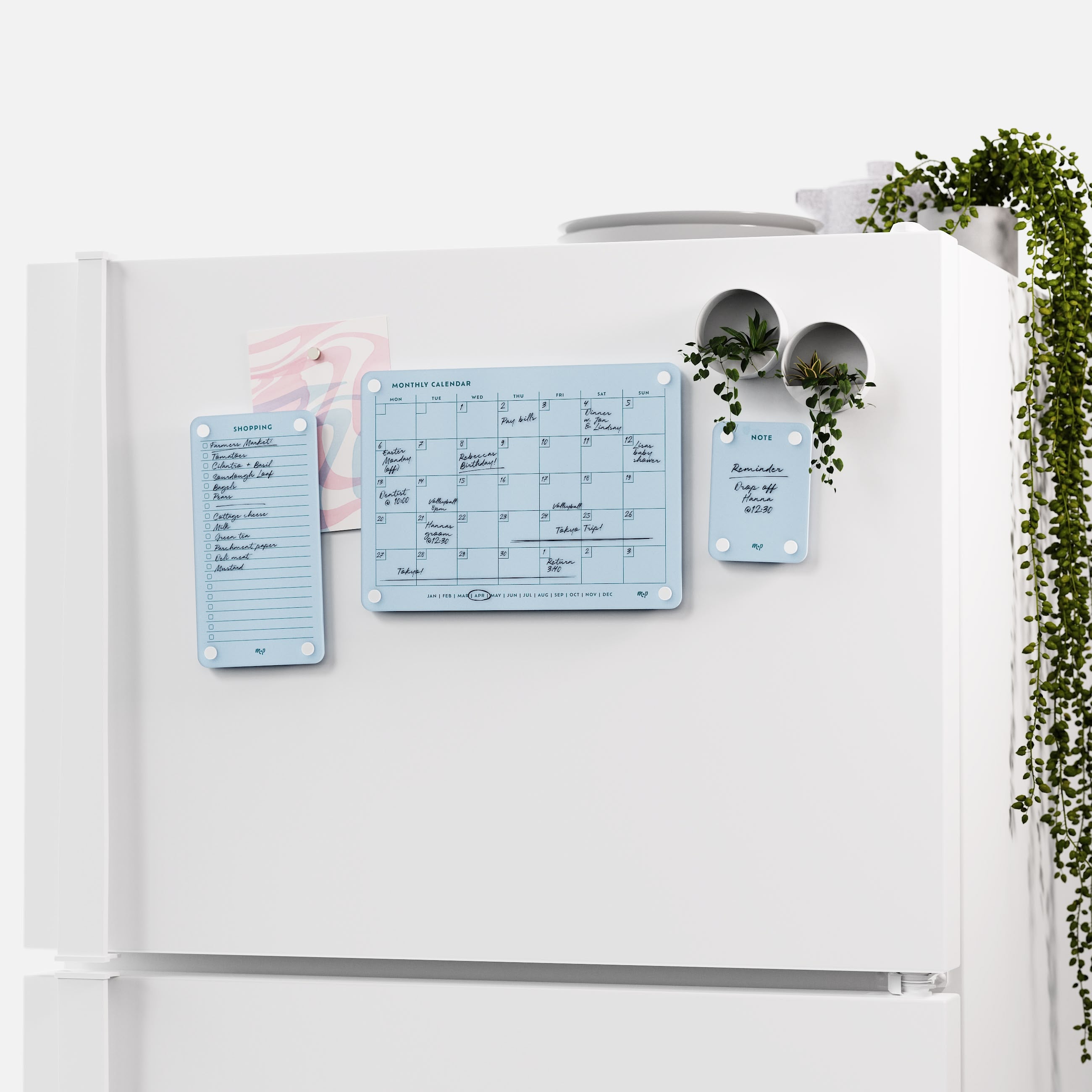 White fridge with the Vista blue shopping list, monthly calendar and note board and two magnetic planters